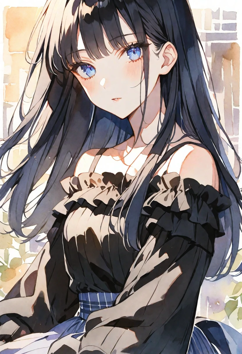 solo, handsome, Watercolor,
1. Female,
Hime cut,Straight Hair,long Hair, black hair, 
blue Eyes,Soft look,ta,18 years old,
black Off Shoulder,Thin knit,
skin,
Stylish bar background,
