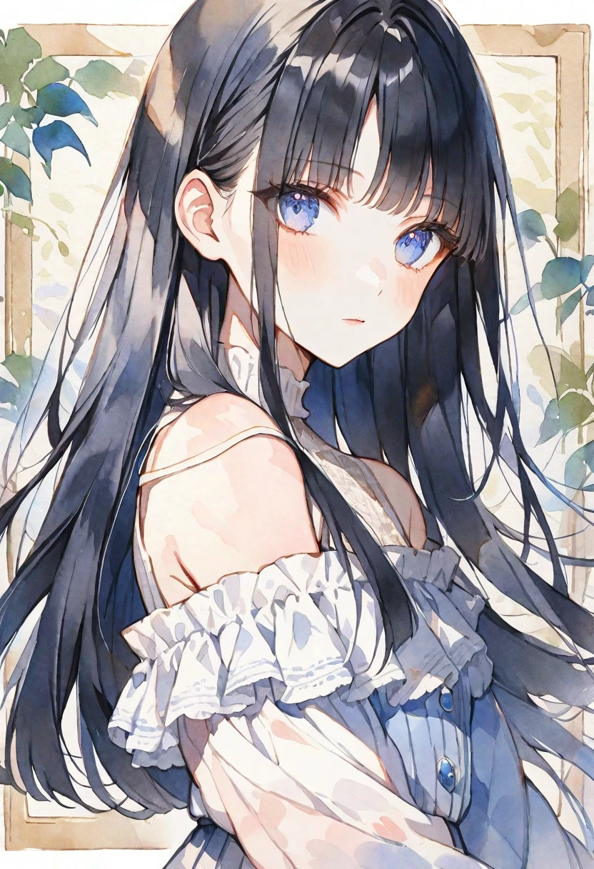 solo, handsome, Watercolor,
1. Female,
Hime cut,Straight Hair,long Hair, black hair, 
blue Eyes,Soft look,Lolita,18 years old,
black Off Shoulder,Thin knit,
skin,
Stylish bar background,