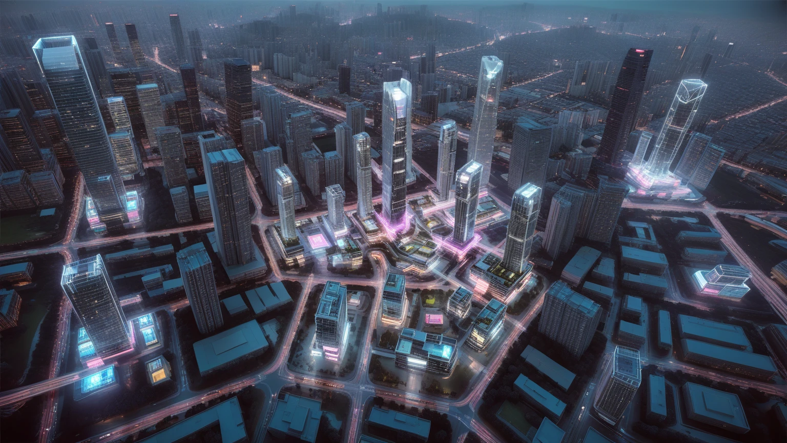 (((aerial view))) of a sprawling Cyberpunk cityscape, towering skyscrapers, neon lights, and holographic billboards. futuristic, high-tech and grunge elements, 1drone, high-resolution OLED GUI interfaces in the building, the (((open-air))) all-glass string sky bridge is filled with transparent data visualization infographics that show it all, from weather patterns to traffic flow, (((Matrix cascading code))). In the foreground, a female robot, mechanical joints and LED facial markings, adorned with digital patterns or neon accents. Matrix style, at night, extreamly dark sky, (1girl, solo), photo realistic, (large-breast:1.2 slim body, cleavage), (((sling bra top, extreamly short pleated (((miniskirt))) exposing panty))), (((((matrix style black sunglasses))))), (((((slightly leaning forward, aiming at camera with a (short gun), looking at camera))))), (((half-body (thigh level) medium shot))), (cinematic lighting).
