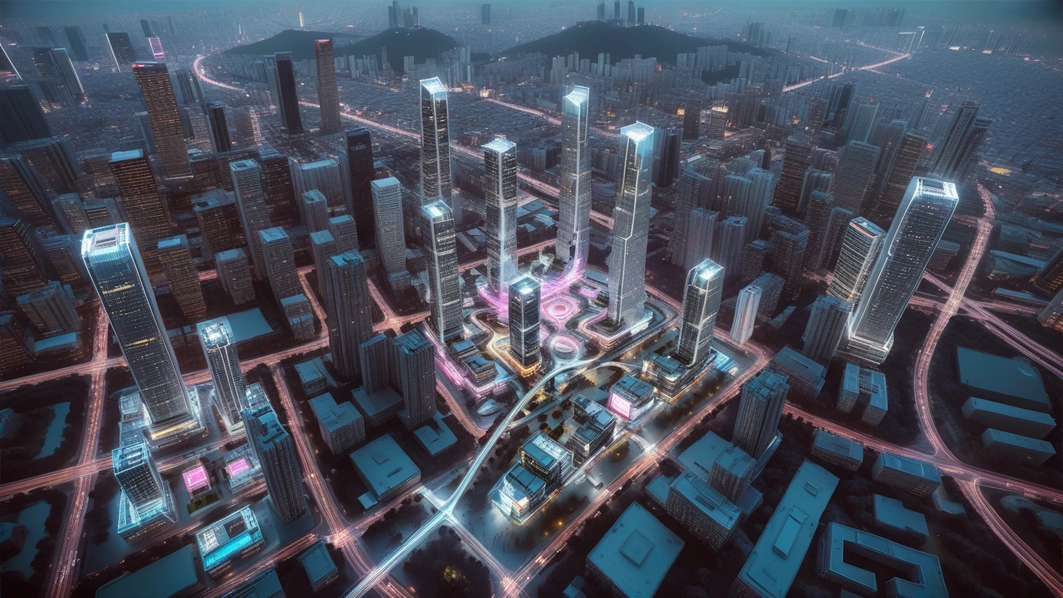 (((aerial view))) of a sprawling Cyberpunk cityscape, towering skyscrapers, neon lights, and holographic billboards. futuristic, high-tech and grunge elements, 1drone, high-resolution OLED GUI interfaces in the building, the (((open-air))) all-glass string sky bridge is filled with transparent data visualization infographics that show it all, from weather patterns to traffic flow, (((Matrix cascading code))). In the foreground, a female robot, mechanical joints and LED facial markings, adorned with digital patterns or neon accents. Matrix style, at night, extreamly dark sky, (1girl, solo), photo realistic, (large-breast:1.2 slim body, cleavage), (((sling bra top, extreamly short pleated (((miniskirt))) exposing panty))), (((((matrix style black sunglasses))))), (((((slightly leaning forward, aiming at camera with a (short gun), looking at camera))))), (((half-body (thigh level) medium shot))), (cinematic lighting).