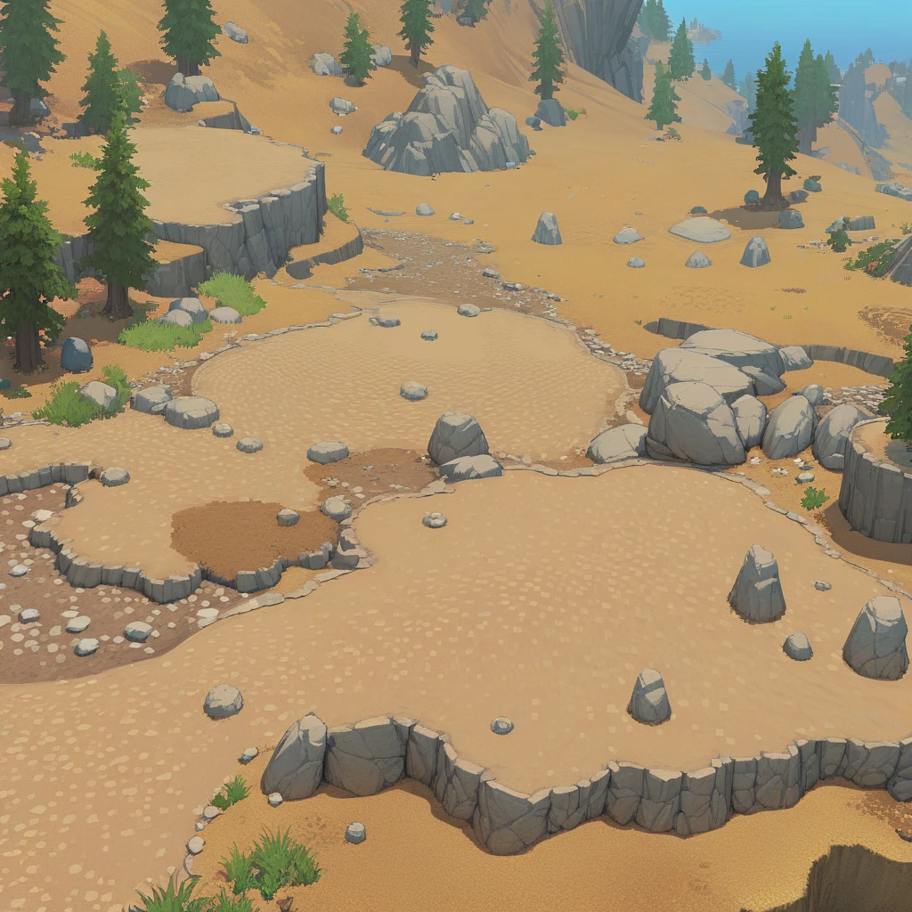 retro video game style,pixelated, vibrant pastel colors,8-bit characters,blocky shapes,sharp lines,detailed shading,classic gaming vibe,nostalgic atmosphere,classic arcade games,masterpiece:1.2,ultra-detailed,illustration style, 2d texture, stone texture, 4 k seamless mud texture, video game texture, dirt texture, tileset, game tiles, grass, trees, rock texture, detailed trees, topdown view, game texture, game art, tileable texture, very detailed cliff texture, intricate stones, top down view, 3/4th perspective