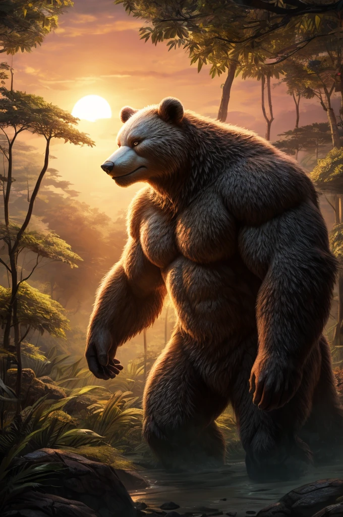 White bear walking in the jungle，strong，sad，whole body，Look into the distance，Sunset，forest，Japanese comic style，Unreal Engine，illustration，Wide-angle lens，Realistic details，Atmospheric one