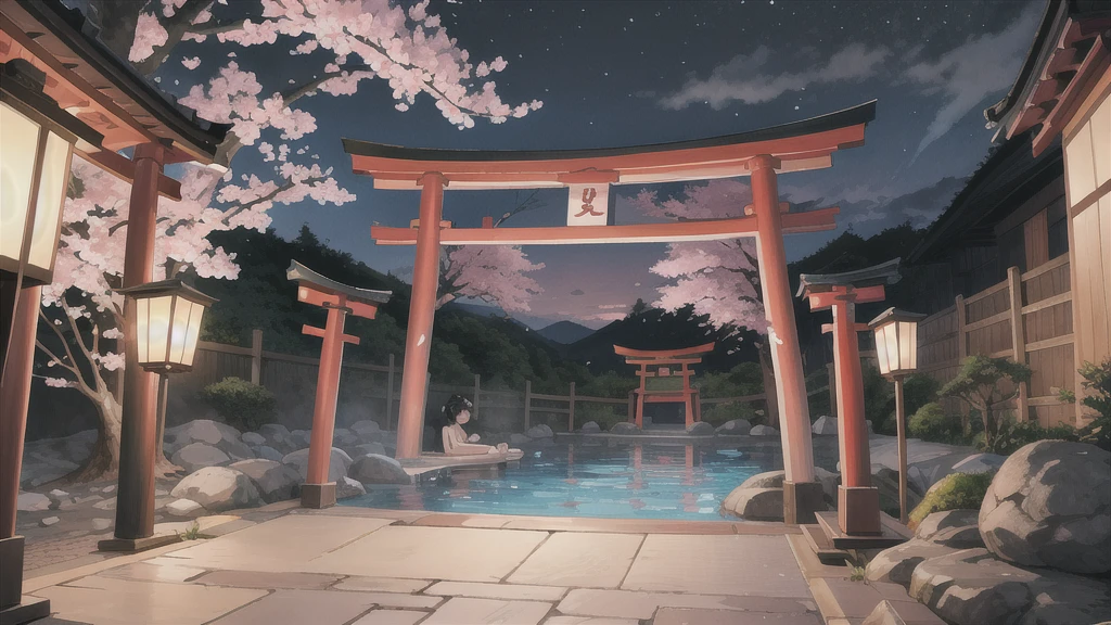 Cute art style, open-air bath, small torii gate, hot spring, evening, cherry blossoms, illustration, background only