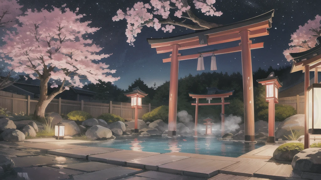 Cute art style, open-air bath, small torii gate, hot spring, evening, cherry blossoms, illustration, background only