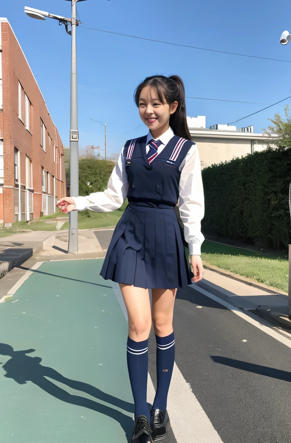 Two girls walking in the schoolyard、uniform、Narrow waist、cute、smile