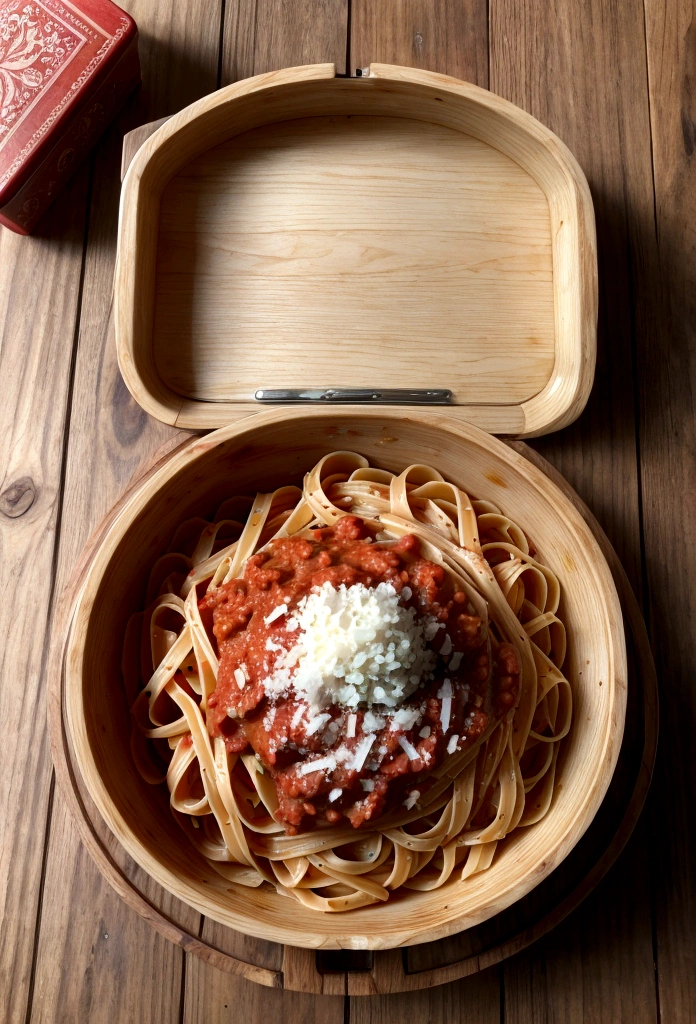 delicious pasta inside a box, wooden table, Italian recipe, tomato sauce, red