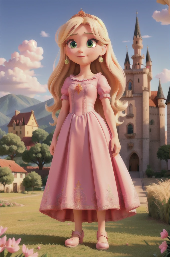 a wearing a pink princess dress, standing in front of a large castle, extremely detailed, 8k, realistic, beautiful detailed eyes, beautiful detailed lips, detailed face, long eyelashes, intricate dress design, medieval castle with towers and flags, sunlight streaming through clouds, lush green grass, vibrant colors