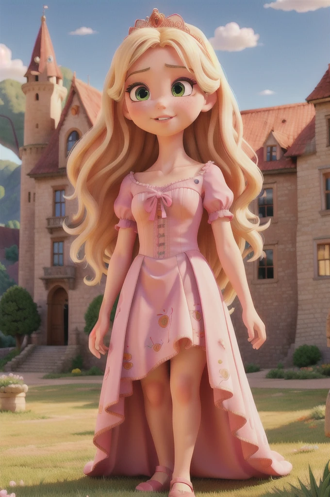 a wearing a pink princess dress, standing in front of a large castle, extremely detailed, 8k, realistic, beautiful detailed eyes, beautiful detailed lips, detailed face, long eyelashes, intricate dress design, medieval castle with towers and flags, sunlight streaming through clouds, lush green grass, vibrant colors