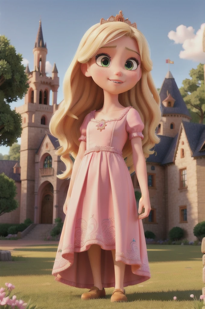 a wearing a pink princess dress, standing in front of a large castle, extremely detailed, 8k, realistic, beautiful detailed eyes, beautiful detailed lips, detailed face, long eyelashes, intricate dress design, medieval castle with towers and flags, sunlight streaming through clouds, lush green grass, vibrant colors