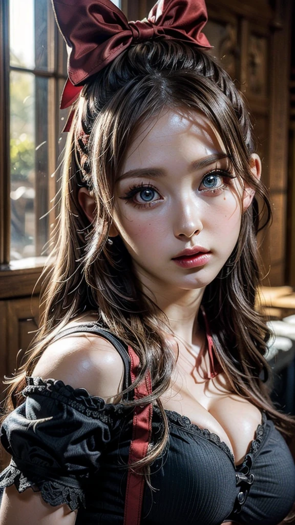 One girl, masterpiece, (Highest quality), 8K, Detailed skin texture, Detailed cloth texture, ((Beautifully detailed face:1.4)), Intricate details, Super detailed, Alice in Wonderland, (A ribbon on her head:1.1), ((Upper Body)),((Natural big breasts:1.4)),((Very beautiful big eyes))