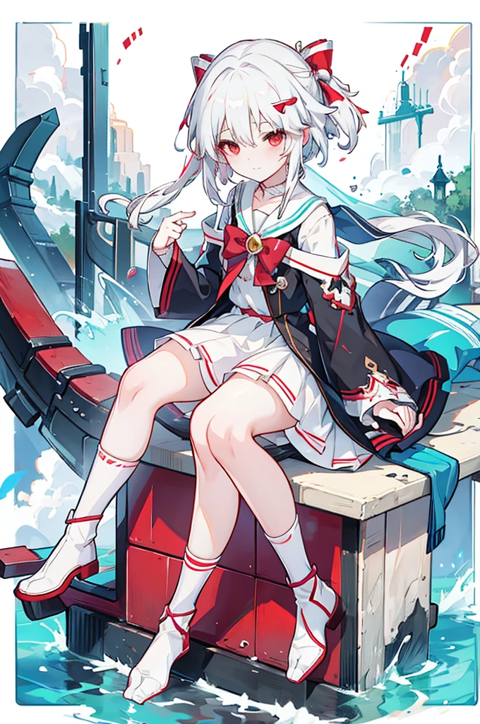 Anime Girls with white hair and red bow sitting on the ground, Sailor dress, Cute girl anime visuals, an Anime Girls, cute Anime Girls, , young Anime Girls, Anime Best Girl, (Anime Girls), pretty Anime Girls, White Hair Girl, beautiful Anime Girls, Anime Girls、White background、Full-body portrait、Brown boots、Red Eyes、Marine color dress、Knee-high socks