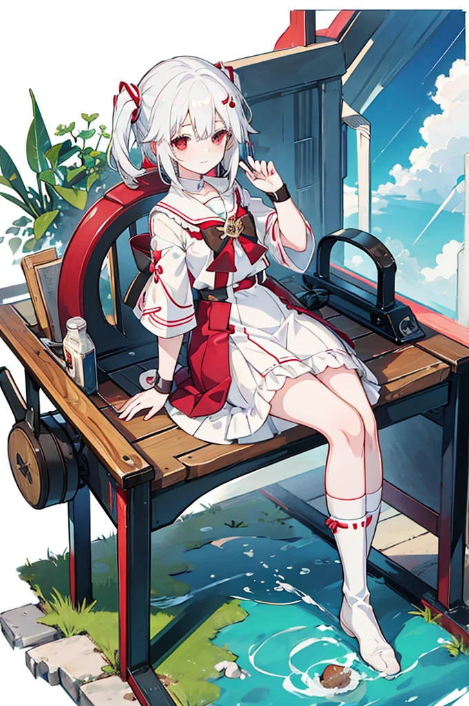 Anime Girls with white hair and red bow sitting on the ground, Sailor dress, Cute girl anime visuals, an Anime Girls, cute Anime Girls, , young Anime Girls, Anime Best Girl, (Anime Girls), pretty Anime Girls, White Hair Girl, beautiful Anime Girls, Anime Girls、White background、Full-body portrait、Brown boots、Red Eyes、Marine color dress、Knee-high socks