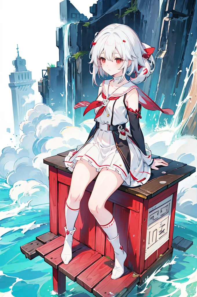 Anime Girls with white hair and red bow sitting on the ground, Sailor dress, Cute girl anime visuals, an Anime Girls, cute Anime Girls, , young Anime Girls, Anime Best Girl, (Anime Girls), pretty Anime Girls, White Hair Girl, beautiful Anime Girls, Anime Girls、White background、Full-body portrait、Brown boots、Red Eyes、Marine color dress、Knee-high socks