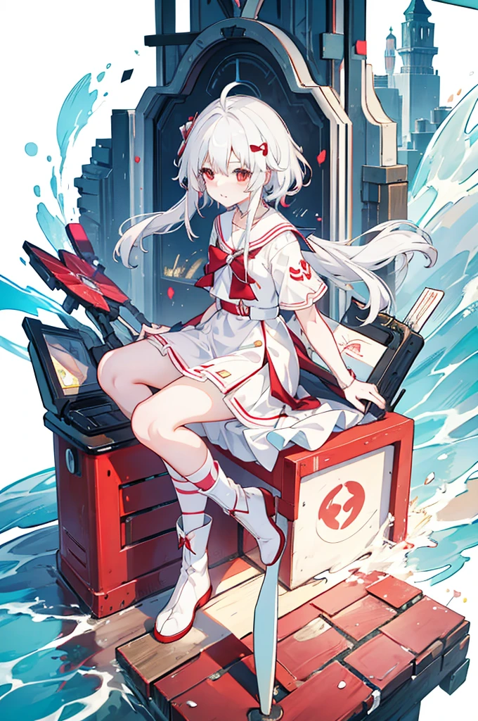 Anime Girls with white hair and red bow sitting on the ground, Sailor dress, Cute girl anime visuals, an Anime Girls, cute Anime Girls, , young Anime Girls, Anime Best Girl, (Anime Girls), pretty Anime Girls, White Hair Girl, beautiful Anime Girls, Anime Girls、White background、Full-body portrait、Brown boots、Red Eyes、Marine color dress、Knee-high socks
