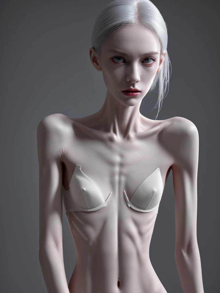 a woman with an extremely thin, emaciated body, visible bones, very slender figure, pale white skin, wearing only panties and a bra, full body tattoo, full body shot, having a breakdown, (best quality,4k,8k,highres,masterpiece:1.2),ultra-detailed,(realistic,photorealistic,photo-realistic:1.37),extremely detailed eyes and face,longeyelashes,dramatic lighting,high contrast,cinematic