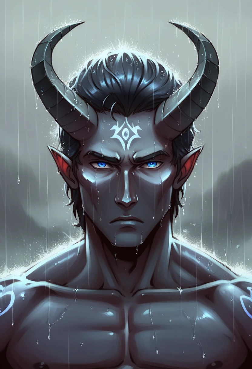 8k, Complex, elegant, Highly detailed, majestic, digital photography, surreal painting, defeat magic, Sinuous Lightning, (Masterpiece, Side light, fine and beautiful eyes: 1.2), HDR, (bright blue eyes)), Naked upper body, (bright tattoo), handsome boy, cana, musculature, black skin, demon horn, Raining, handsome, in front of camera, Masterpiece
