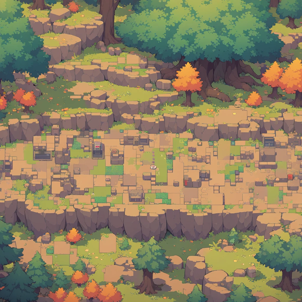 retro video game style,pixelated, vibrant pastel colors,8-bit characters,blocky shapes,sharp lines,detailed shading,classic gaming vibe,nostalgic atmosphere,classic arcade games,masterpiece:1.2,ultra-detailed,illustration style, 2d texture, stone texture, 4 k seamless mud texture, video game texture, dirt texture, tileset, game tiles, grass, trees, rock texture, detailed trees, topdown view, game texture, game art, tileable texture, very detailed cliff texture, intricate stones, top down view, 3/4th perspective