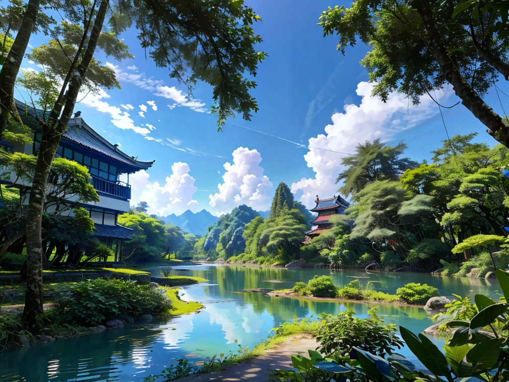 8K HD quality,Tropical Garden,forest,Takayama,Blue sky and white clouds,river, lake, river,还有Takayama和中国传统寺庙