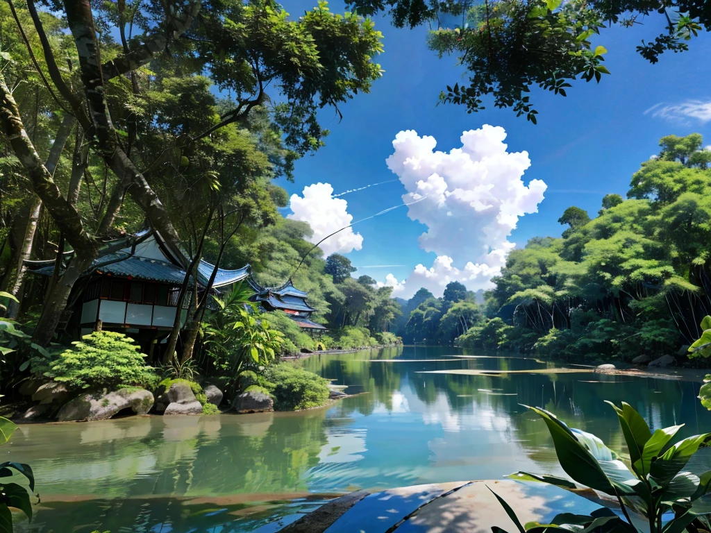 8K HD quality，Tropical Garden，forest，Takayama，Blue sky and white clouds，river, lake, river，还有Takayama和中国传统寺庙