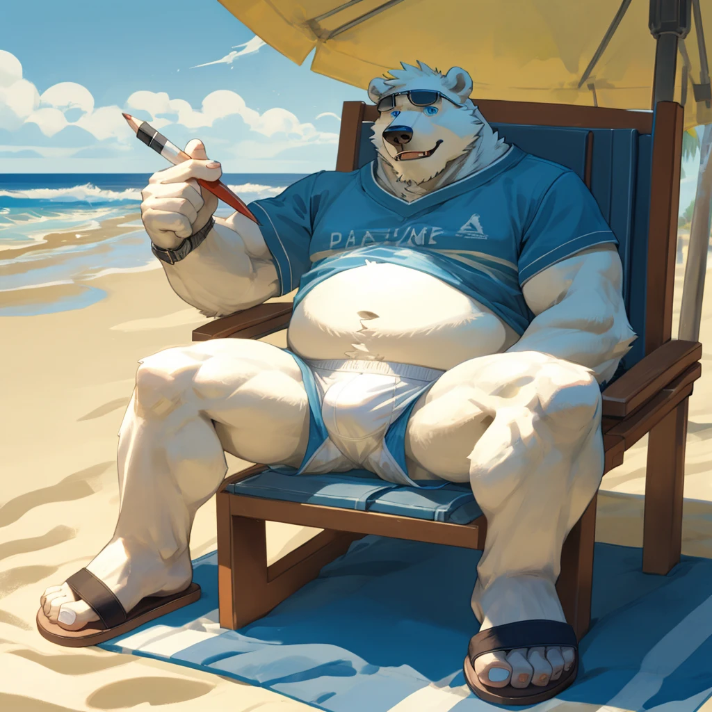 chubby dad male polar bear blue eyes, laying on chair , no clothes , white briefs , watch ,hands on sunglasses , smiling , under sun , spread legs , beach background, sunlight, sandals , high quality , drawing