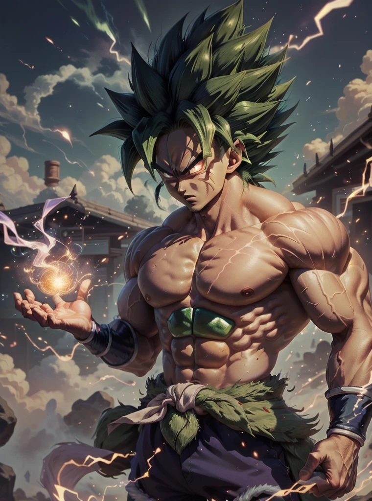 
a shirtless man,super  muscular, spiky hair (saiyan style), headband, tail behind, green ki aura,red eyes,legendary super saiyan form (LSSJ), broly
