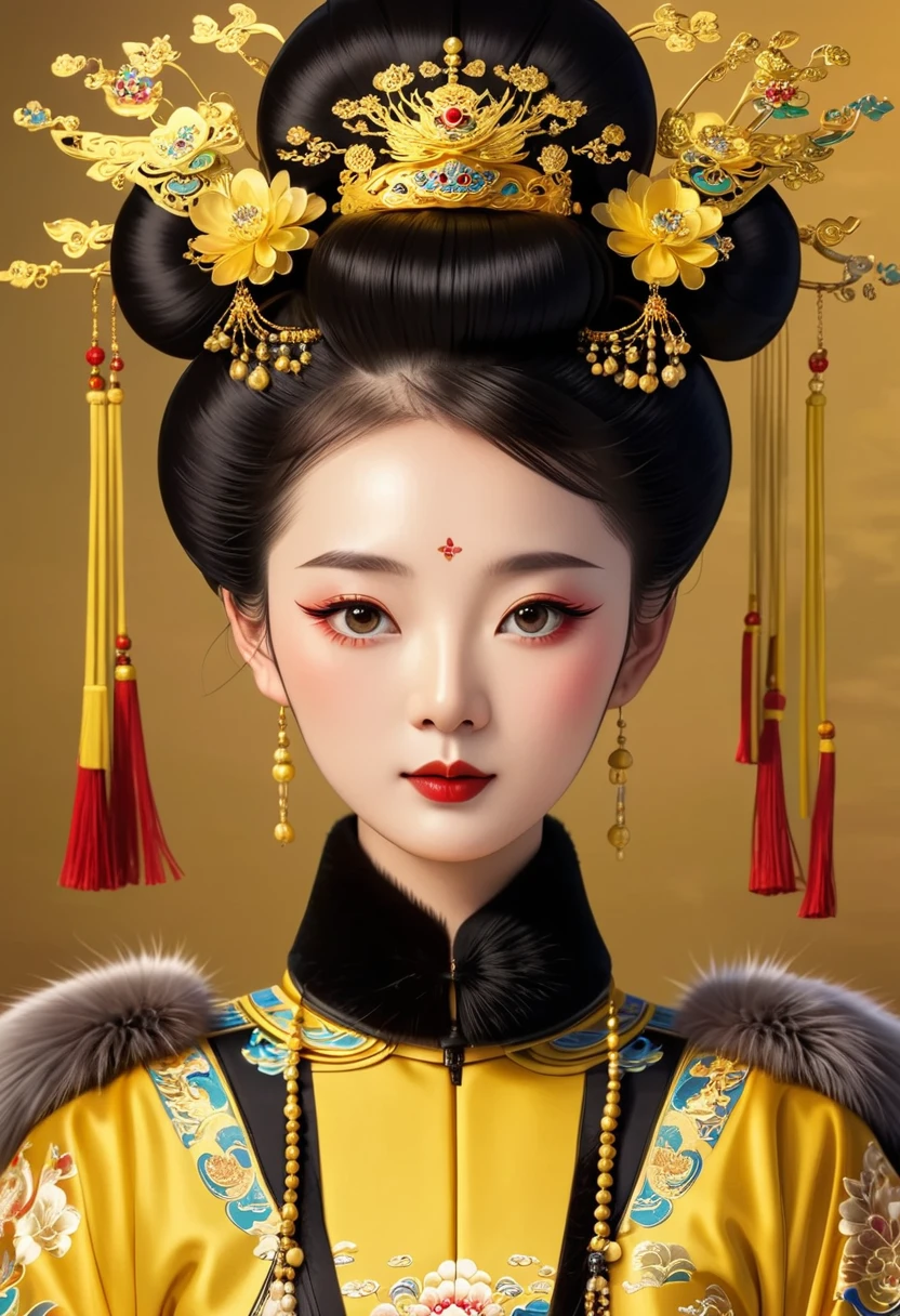 Solemn girl portrait，symmetry，Round Face，Bright Eyes，Smooth skin，Elegant and luxurious，Wealth，Gorgeous black and gold costumes，Chinese Qing Dynasty flag costumes,Selfish,Chinese Emperor，High bun，Gorgeous golden crown，tassel，palace，Clean background，Fur collar