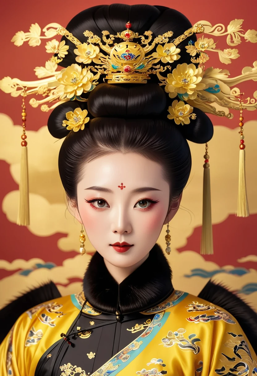 Solemn girl portrait，symmetry，Round Face，Bright Eyes，Smooth skin，Elegant and luxurious，Wealth，Gorgeous black and gold costumes，Chinese Qing Dynasty flag costumes,Selfish,Chinese Emperor，High bun，Gorgeous golden crown，tassel，palace，Clean background，Fur collar