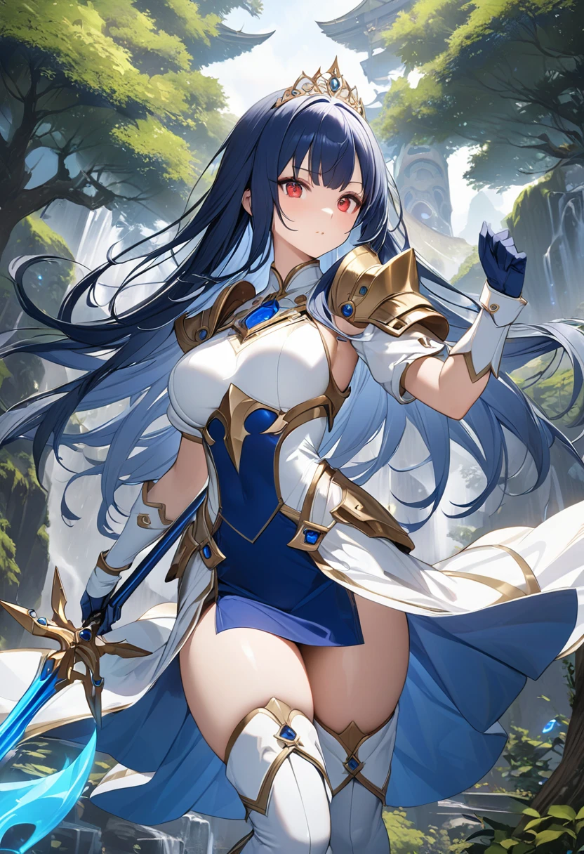 Highest quality、unity 8k wallpaper、32k、masterpiece、Very detailed、Ultra-high resolution、Very detailedな顔, RAW Photos, Professional, Ultra-fine painting, Blue long straight hair、Platinum tiara with blue gemstones、Red Eyes、(Tree Eyes), Cool and sharp features, Hime cut, 20~A female magical warrior, about 24 years old.、White and gold breastplate、Blue and white leotard、(Blue and white gold-embellished pencil skirt with side armor and long slits)、Half puff sleeves with shoulder pads、A large white ribbon with a large sapphire on the chest、White and blue long gloves、White and blue thigh-high stiletto boots、whole body、He has a spear with a glowing blue blade