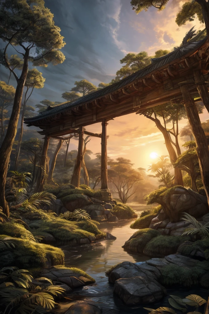 Silver dragon in the jungle，sad，Look into the distance，Sunset，forest，Japanese comic style，Unreal Engine，illustration，Wide-angle lens，Realistic details，Atmospheric one