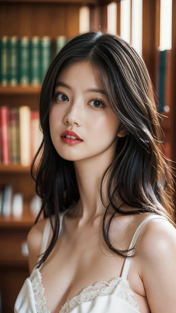 White skin, Large Breasts、Beautiful body、Detailed beautiful young woman, Black Hair, length, Wavy messy hair, Perfect green eye detail, Delicate, symmetrical, realistic and beautiful face, (Library Background), white underwear costume , Fairy, Wildflowers that blend into your hair, whole body, Masterpiece, Absurd,The finer details, Rich colors, Dramatic lighting, Very detailed, Cinema Lighting