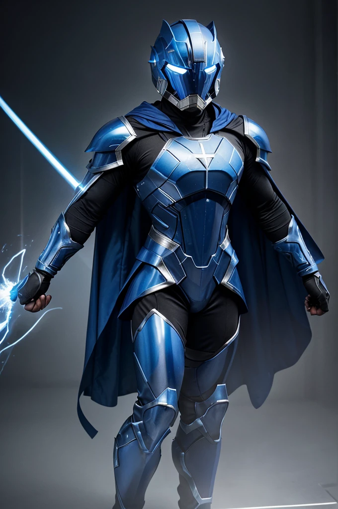 : "Create an image of a superhero named Cobalt Crusader, with a deep blue and metallic silver costume, cobalt-alloyed armor, a full-face helmet with a HUD, a cobalt-blue 'Co' emblem on the chest, gauntlets with energy blasters, and a durable cobalt-infused cape."