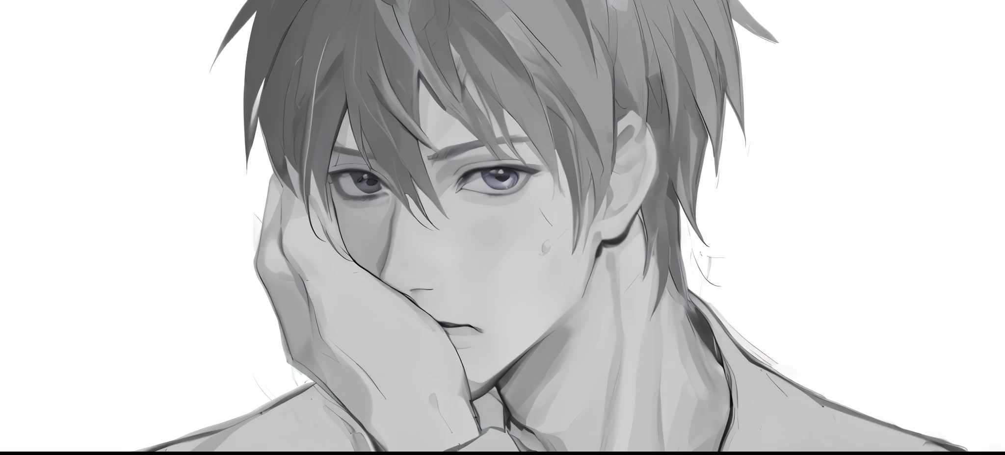 A man's avatar,A hand touches the cheek,Thick coating,Soft expression and beautiful facial features