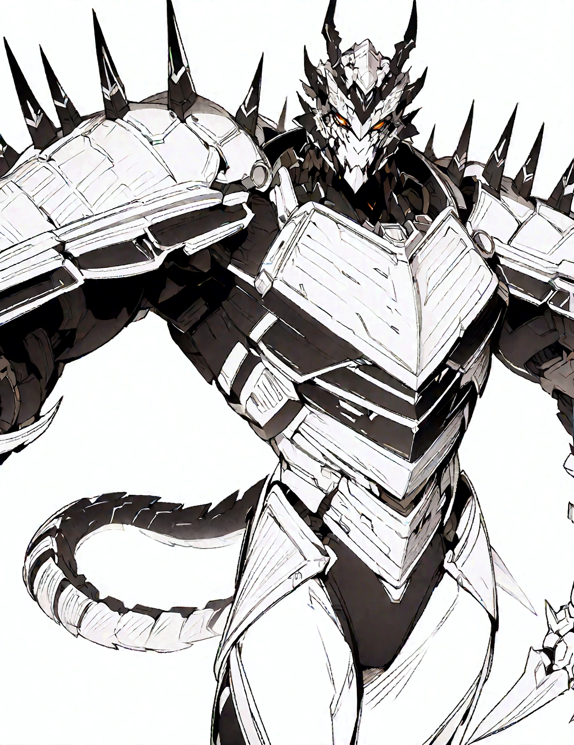 a drawing of a man with a large horned head and a sword, dragon cyborg, cyborg dragon portrait, sharp robot dragon claws, with scaly-looking armor, male robotic anthro dragon, well armored mech dragon, with robot dragon head, robot mecha female dragon head, robot dragon claws, greek god in mecha style, mecha inspired, dragon inspired armor, clean lines, clean lineart, smooth, refined, details