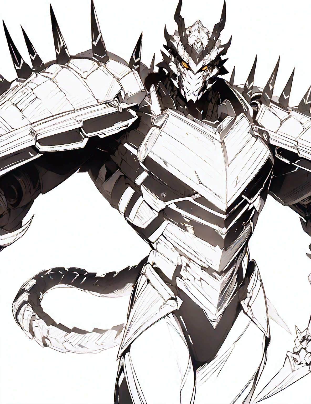 a drawing of a man with a large horned head and a sword, dragon cyborg, cyborg dragon portrait, sharp robot dragon claws, with scaly-looking armor, male robotic anthro dragon, well armored mech dragon, with robot dragon head, robot mecha female dragon head, robot dragon claws, greek god in mecha style, mecha inspired, dragon inspired armor, clean lines, clean lineart, smooth, refined, details