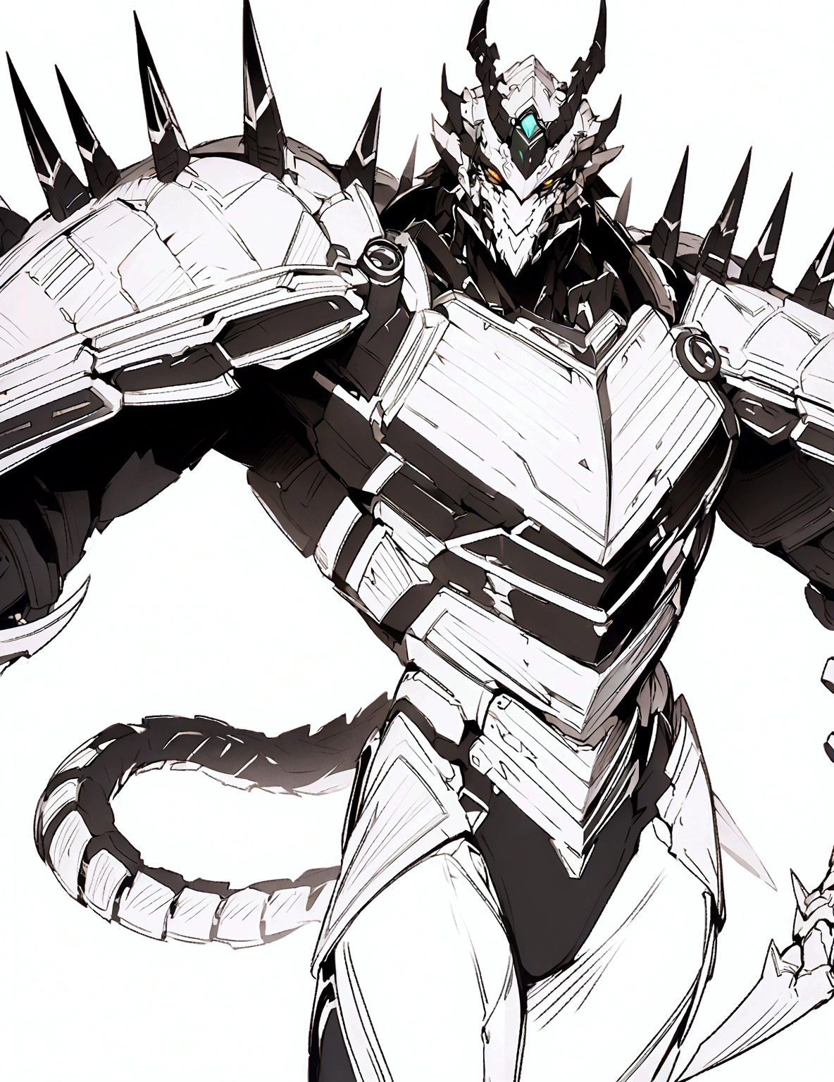 a drawing of a man with a large horned head and a sword, dragon cyborg, cyborg dragon portrait, sharp robot dragon claws, with scaly-looking armor, male robotic anthro dragon, well armored mech dragon, with robot dragon head, robot mecha female dragon head, robot dragon claws, greek god in mecha style, mecha inspired, dragon inspired armor, clean lines, clean lineart, smooth, refined, details