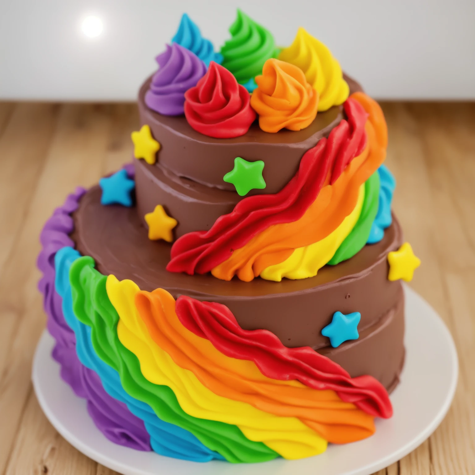 on a wooden table. there is a white plate. two-tier cake, chocolate cream cake, rainbow cream in the form of ruffles, decorated with rainbow stars made of polymer clay, multi-colored cream on top, against the background of the kitchen, Beautiful light from the window, Contour light, several light sources, beautiful lighting, Bright light source, bright lighting, beautiful light sources, Multiple light sources, Realistic style , realistic texture, detailed texture, A high resolution, high quality, beautiful photo of the cake, advertising photo, macro photography