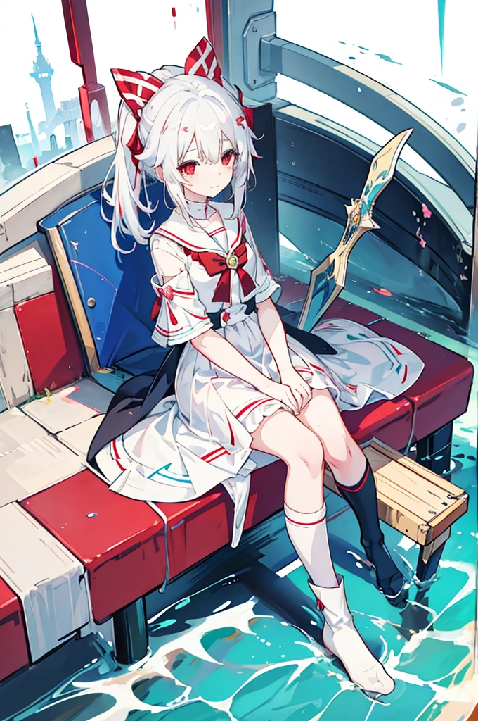 Anime Girls with white hair and red bow sitting on the ground, Sailor dress, Cute girl anime visuals, an Anime Girls, cute Anime Girls, , young Anime Girls, Anime Best Girl, (Anime Girls), pretty Anime Girls, White Hair Girl, beautiful Anime Girls, Anime Girls、White background、Full-body portrait、Brown boots、Red Eyes、Marine color dress、Knee-high socks