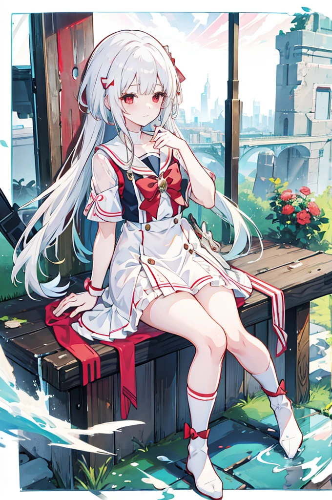 Anime Girls with white hair and red bow sitting on the ground, Sailor dress, Cute girl anime visuals, an Anime Girls, cute Anime Girls, , young Anime Girls, Anime Best Girl, (Anime Girls), pretty Anime Girls, White Hair Girl, beautiful Anime Girls, Anime Girls、White background、Full-body portrait、Brown boots、Red Eyes、Marine color dress、Knee-high socks