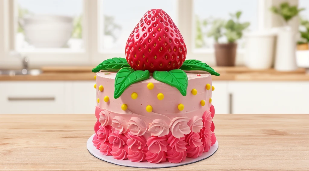 in the kitchen, on a wooden table, on a porcelain plate, a tiny pink cream cake, the bottom is decorated with cream petals, on top of the cake is a polymer clay candy in the form of a strawberry with leaves, the cake is decorated with tiny yellow dragee candies, bright lights, soft light, window light, professional lighting, light from the window, neat light, realistic texture, realistic style, detailed texture, high quality, high resolution, high quality rendering, realistic photo, brightning light, macro photo, 4k ultra HD
