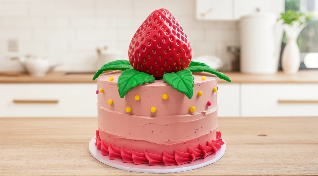in the kitchen, on a wooden table, on a porcelain plate, a tiny pink cream cake, the bottom is decorated with cream petals, on top of the cake is a polymer clay candy in the form of a strawberry with leaves, the cake is decorated with tiny yellow dragee candies, bright lights, soft light, window light, professional lighting, light from the window, neat light, realistic texture, realistic style, detailed texture, high quality, high resolution, high quality rendering, realistic photo, brightning light, macro photo, 4k ultra HD