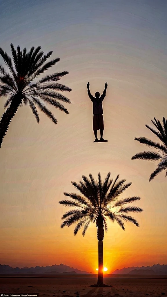 
an upright Muslim individual standing in the middle of a vast and barren desert. Around it there are several date palm trees that are thin and dry, reflecting the drought and hardship of life. The individual appears to be in a state of surrender, with hands raised to the sky in prayer. In the background, you can see the silhouettes of towering mountains and the orange-red evening sky. The image of the setting sun creates a dramatic effect, telling of resilience and spiritual strength amidst life's difficulties