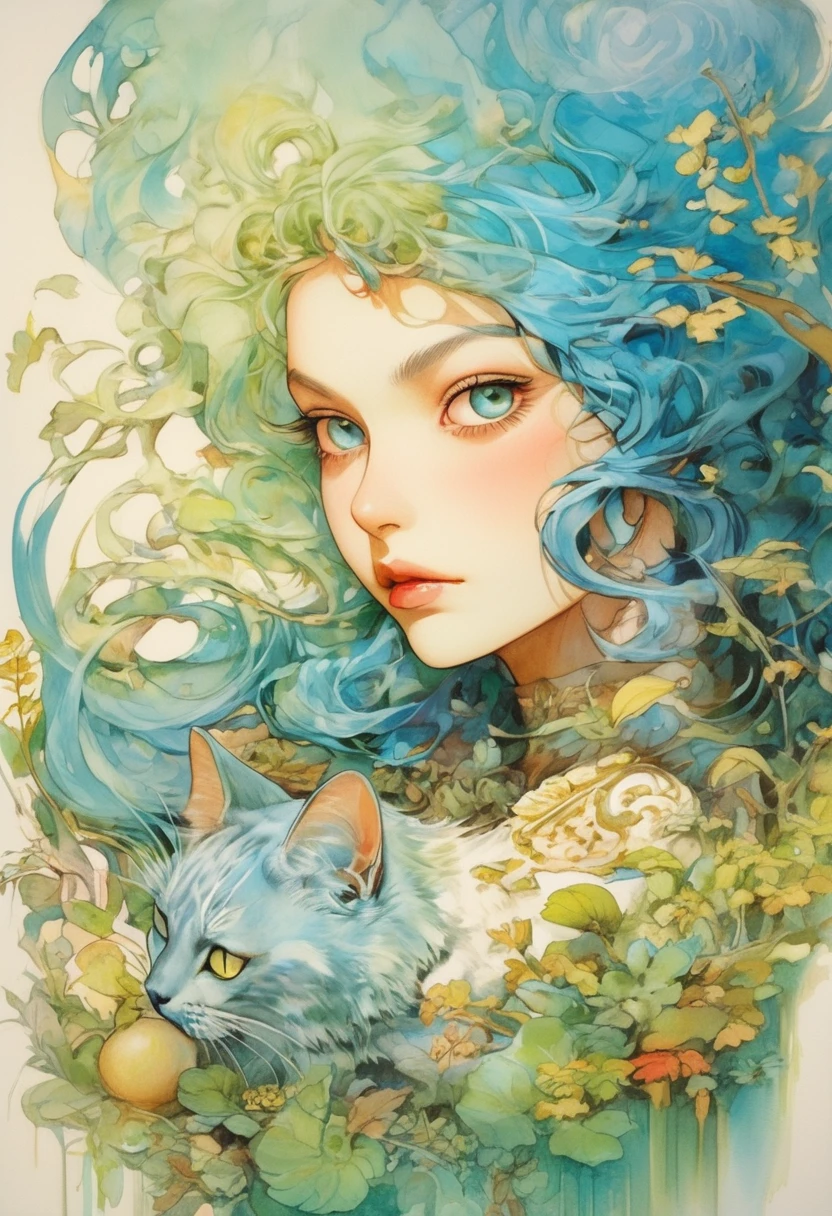 artwork by Katsuya Terada
8K, HD, intricate detailed masterpiece, (summer vaation:1.4), cute cat and , transparent, glowing blue eyes, blue cat and palegreen eye ball, medium shot, blue hair, organic shapes, hard edges, anatomecly correct body,  hyper realistic, cat elegant,cinematic lighting, highly detailed, intense colors, octane rendered cat, surreal mood, award winning picture, glowing rich colors, iridiscent accents, dramatic shadows,dynamic and atmospheric lighting, anamorphic lens, sharp focus, 
intricate high detail masterpiece by Katsuya Terada, in the STYLE of Katsuya Terada, pop surrealism, watercolor 