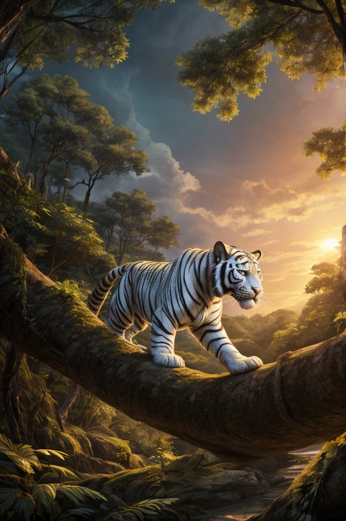 White tiger in the jungle，sad，Look into the distance，Sunset，forest，Japanese comic style，Unreal Engine，illustration，Wide-angle lens，Realistic details，Atmospheric one