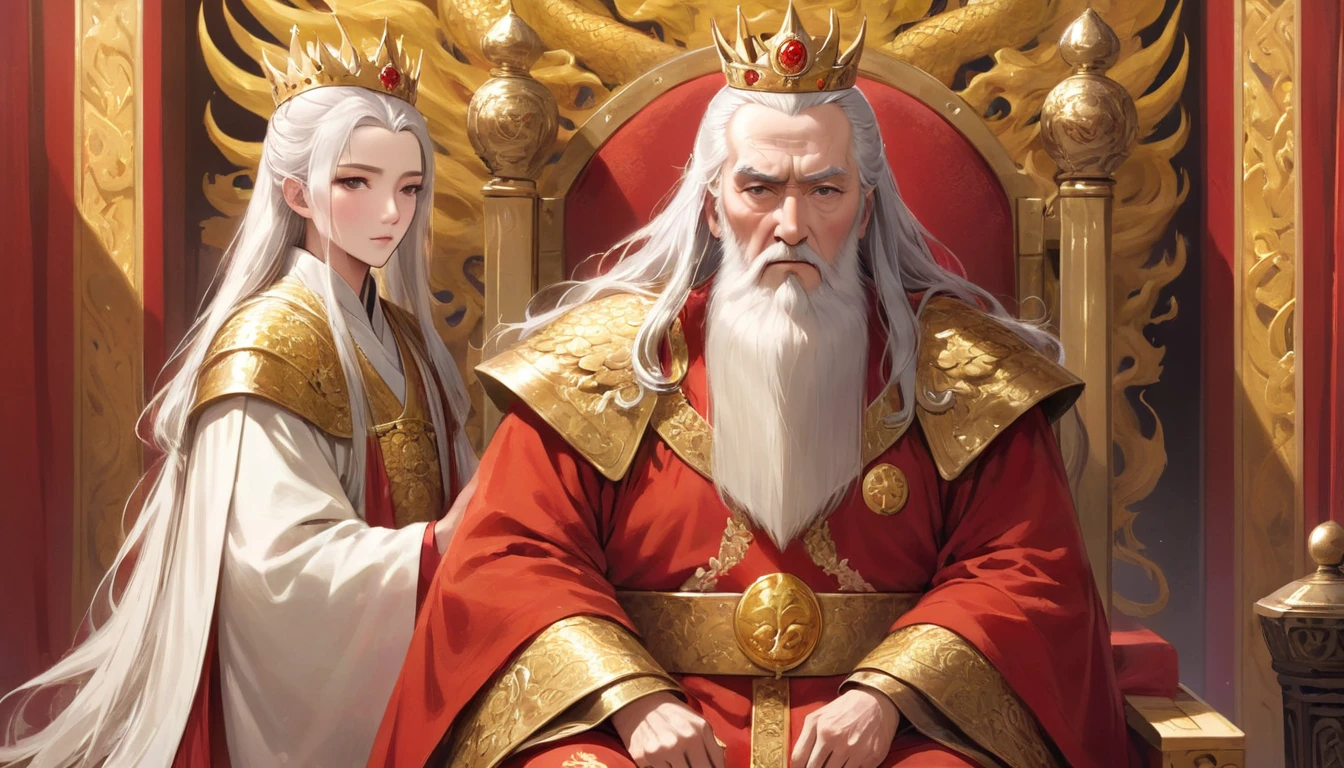 Two people, (an old emperor named John, tall, square face, long silver hair, wearing a golden crown, thick eyebrows, long white beard, pale complexion, wearing gorgeous golden robes, embroidered with dragon patterns), (another A young general named John Ken, with a burly build, long face, short blond hair, thick eyebrows, short beard, healthy bronze color, wearing red armor with a sun symbol and a golden sword at his waist), John Sitting majestically on the shining golden throne, Ken stood in front of the throne, and there was an atmosphere of respect and loyalty between the two.