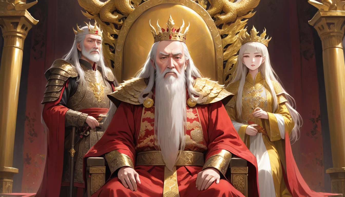 Two people, (an old emperor named John, tall, square face, long silver hair, wearing a golden crown, thick eyebrows, long white beard, pale complexion, wearing gorgeous golden robes, embroidered with dragon patterns), (another A young general named John Ken, with a burly build, long face, short blond hair, thick eyebrows, short beard, healthy bronze color, wearing red armor with a sun symbol and a golden sword at his waist), John Sitting majestically on the shining golden throne, Ken stood in front of the throne, and there was an atmosphere of respect and loyalty between the two.