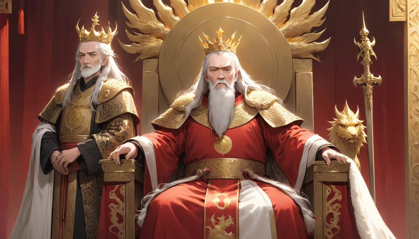 Two people, (an old emperor named John, tall, square face, long silver hair, wearing a golden crown, thick eyebrows, long white beard, pale complexion, wearing gorgeous golden robes, embroidered with dragon patterns), (another A young general named John Ken, with a burly build, long face, short blond hair, thick eyebrows, short beard, healthy bronze color, wearing red armor with a sun symbol and a golden sword at his waist), John Sitting majestically on the shining golden throne, Ken stood in front of the throne, and there was an atmosphere of respect and loyalty between the two.
