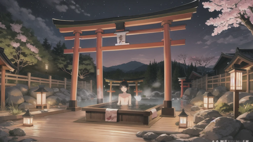 Cute art style, open-air bath, small torii gate, hot spring, evening, cherry blossoms, illustration, background only