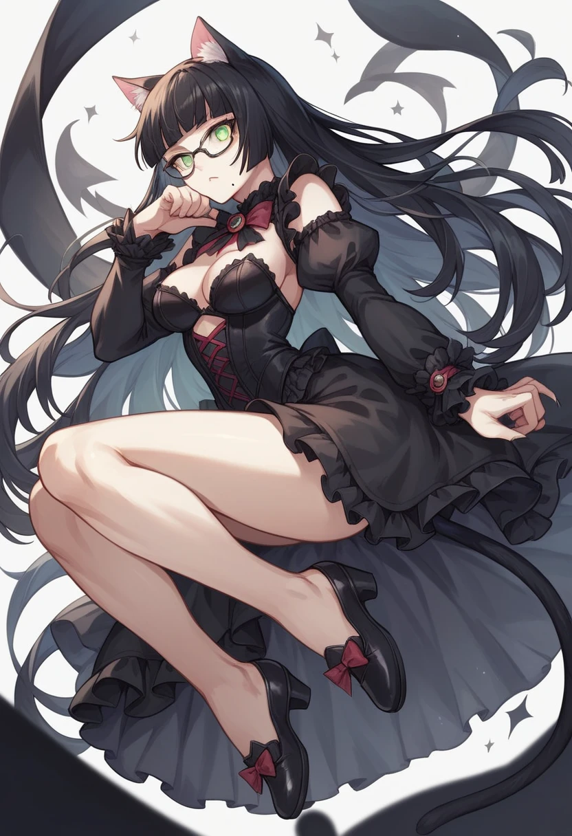 best quality, masterpiece, super high resolution, perfect anatomy, 1girl, black hair, long hair, hime cut, blunt bangs, black cat ears, black cat tail, green eyes, cat girl, glasses, medium breasts, cat eyes, :3, pale skin, mole_under_mouth, 23 years old, gothic lolita dress, incredibly absurdres, full_body