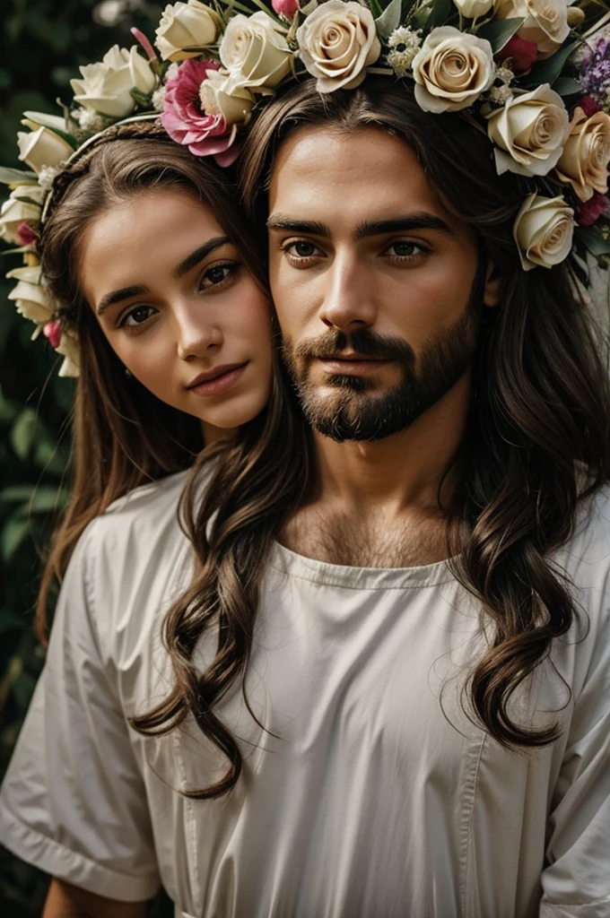 Jesus with a girl with a crown of flowers on his head