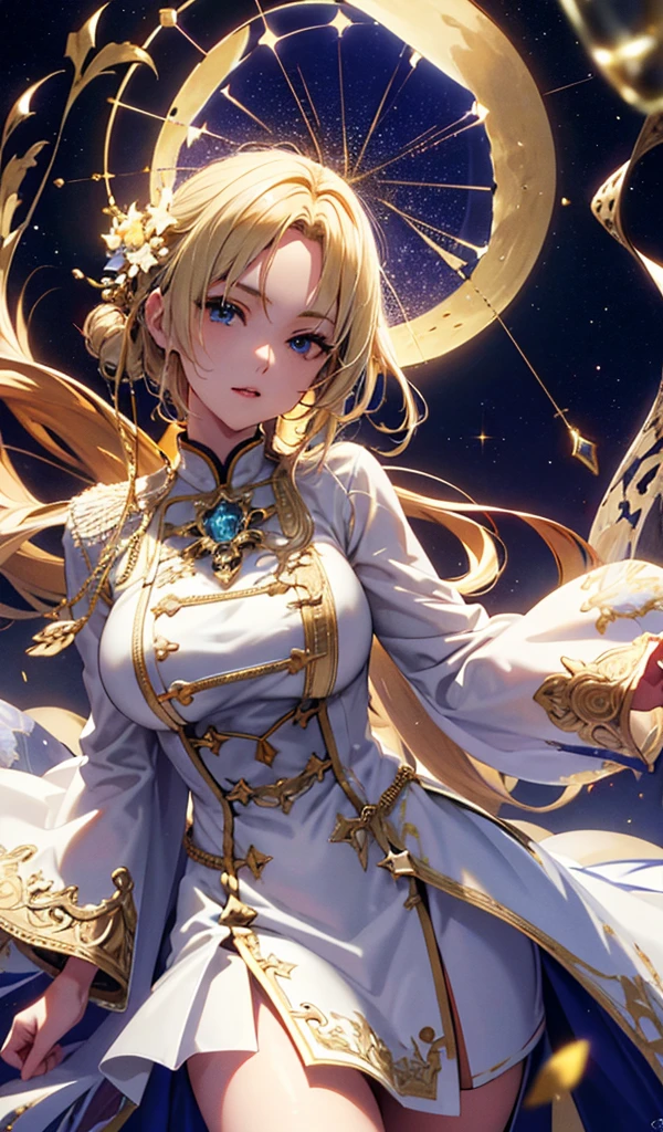 masterpiece, high quality, 4K, Beautiful design, silhouette，blonde， 非常に詳細な夜のStarry Sky,Glass Kingdom，Glass World，Glass Castle， wonderful, Finer details,  Very knowledgeable woman, Highly detailed solo, 1 female,Big Breasts， Pure white dress，Night view，Starry Sky，